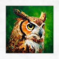 Owl Oil Painting on Canvas: Forest Bird Wall Art
