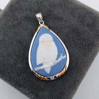 Blue Jasperware Owl Pendant, 925 Sterling Silver Frame, Cameo with Diamond, Vintage Japanese Ceramic
