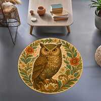 Round Owl Rug with Floral Mandala Design – Vintage Woodland Bird Carpet, Boho Animal Decor, My
