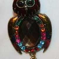 Colorful Enameled Caramel Belly Rhinestone Wise Hoot Owl Figural Dangle Goldtone Pendant Necklace