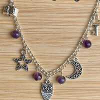 Amethyst Charm Bracelet: Silver Owl, Moon, Star, Book & Key