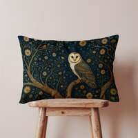 Enchanted Owl Lumbar Pillow Cover with Floral Tree Design, Mystical Night Sky Cushion, Woodland Anim
