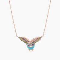Owl Bird Turquoise Diamond Sapphire Garnet & Ruby 18k Rose Gold Pendant Necklace