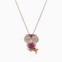 Owl Bird Ruby Diamond Aquamarine & Garnet 18k Rose Gold Pendant Necklace