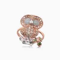 Owl Bird Fancy Diamond Aquamarine Garnet & White Diamond 18k Rose Gold Ring
