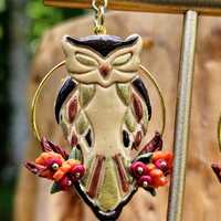 Handmade Owl and Fall Foliage Polymer Clay Earrings in a Gold Hoop