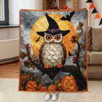 Owl And Moon Quilt Blanket, Halloween Pumpkin Moon Throw with Bats and Witch Hat, Personalized Spook