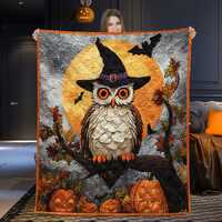 Halloween Owl Quilt Blanket, Spooky Pumpkin Moon Throw with Witch Hat, Custom Autumn Cozy Bedding, G