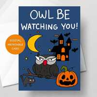 Funny Owl Halloween Card Printable Greeting Card with DIY Envelope