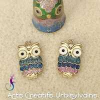 Lot de 2 breloques hibou en émail cloisonné et métal doré 23x14mm
