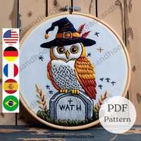 Halloween Owl Embroidery Pattern | Witch Hat Owl Sitting on Tombstone | Spooky Hand Embroidery PDF P