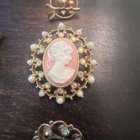 Vintage Brooch Lot: Cameo, Rhinestone, and Owl Pins
