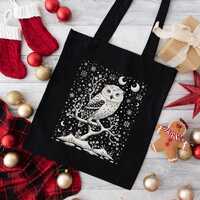 Moon Owl Christmas Tote Bag, Celestial Owl Bag, White Owl in Snow Winter Tote Bag, Arctic Animals, B