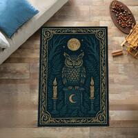 Occult Owl and Moon Rug – Witchy Gothic Celestial Carpet with Candles