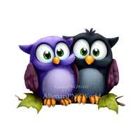 Cartoon Owls PNG Graphic – Kawaii Birds on Branch, No Background, Printable Clipart, Planner S