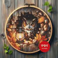 Owl Lantern Cross Stitch Pattern, Autumn Forest Embroidery Design, Fall Needlepoint Chart,Easy Cross