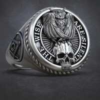Owl Skull Masonic Signet Ring – 925 Sterling Silver, Square & Compass, Handmade Gothic Sta