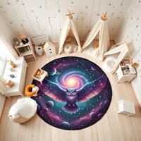 Galaxy Owl Round Rug – Cosmic Animal Carpet with Constellations, Mystical Purple Blue Space Ar
