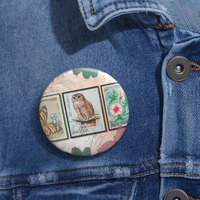 Vintage Postage Stamp Owls and Flower Pin Buttons, Cute Owl Button Pins, Retro Animal Brooches, Uniq