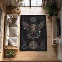 Mystical Owl Rug: Black & Gold Celestial Design - Leather or Puffy Base