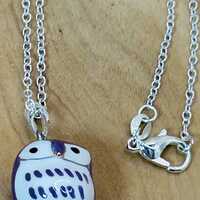 Vintage Ceramic Painted Owl Pendant on NEW 925 Silver Chain
