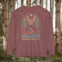 Great Horned Owl Fishing Night Scene Long Sleeve T-Shirt: Unisex Comfort Colors Graphic Nature Tee