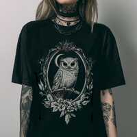 Gothic Victorian Owl Comfort Colors TShirt, Goth Floral Graphic Print Shirt, Witchy Whimsigoth Top, 