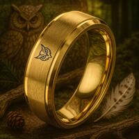 Gift for Nature Fan | Owl Ring | Brushed Gold Tungsten Rings for Men | Engagement Rings Couples Set 