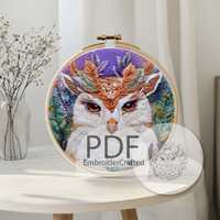 Colorful owl face embroidery PATTERN design with rainbow feathers, handmade hoop art diy wall decor 