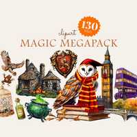 Magic Megapack: Academy Clipart, Watercolor Owls, Houses, Potions (PNG Digital Download)