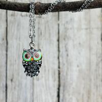 Colorful Owl Necklace / Small Silver Necklace / Owl Jewelry / Fall Necklace / Owl Lover Necklace / B