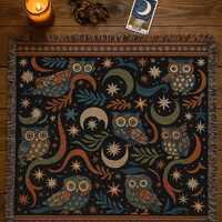 Woven Blanket, Folk Art Owl at Night, Folksy Bedding, Boho Home Decor, Artsy Blanket, Cozy Throw, Co