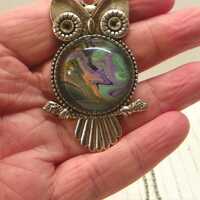 Vintage Owl Pendant on 24 Inch Silver Tone Necklace , Acrylic Paint Pour Owl Costume Jewelry