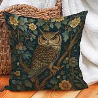 Owl Throw Pillow Cover Dark Academia Cushion Cover, Vintage Floral Pillowcase for Cottagecore Decor,