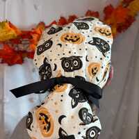 Pumpkin, Cat & Owl On White Scrub Cap - Satin Lining Available - Multiple Styles