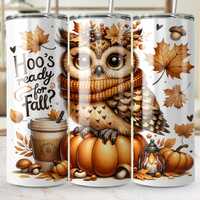 Cute Fall Owl with Pumpkin and Coffee | Autumn Owl Illustration with Leaves and Acorns | Cozy Woodla