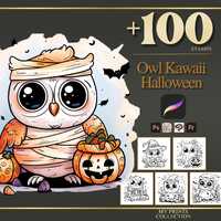 Owl Kawaii Halloween Procreate Stamps & Photoshop Brushes &ndash; 100+ Tattoo, Drawing, Digital 
