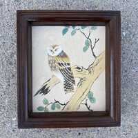Vintage Owl Artist print - Walnut Frame, Pen & Ink Style, asian influenced avian artwork