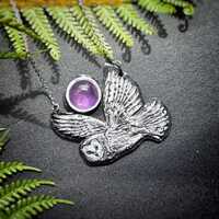 Twilight Owl Amethyst Necklace - Handmade Flying Owl Pendant
