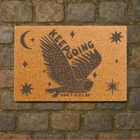 Motivational Doormat: Keep Going Owl, Positive Quote Coir Rug, Celestial Star Moon Entryway Decor