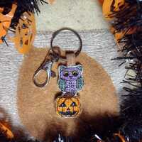 Halloween Owl Keychain with Sparkling Orange Jackolantern Pumpkin, Glow in the Dark Handmade Double-