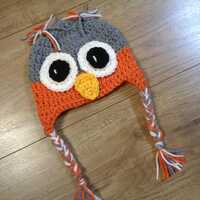 Crochet Owl Hat: Gray and Rust Fall or Winter Cap, All Sizes