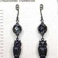 Halloween * Black Owls * Fire-Polished Czech Black/Blue Beads * Hypoallergenic Black Niobium Ear Wir