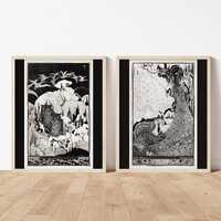 Art Nouveau Bird Poster Owl Peacock Swan Print Set of 2 Black White Wall Decor Vintage Illustration 