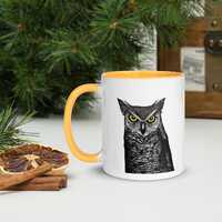 Great Horned Owl Mug | Ink Drawing with Glowing Eyes | Wildlife Coffee Cup, Gift for Owl Lovers