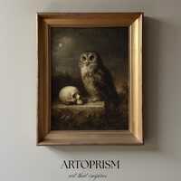 Owl with Skull Under Moon &ndash; Gothic Halloween Wall Art Printable Vintage Spooky Decor
