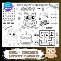 Personalized Owl Birthday Coloring Page: Editable Party Placemat (Digital Download)