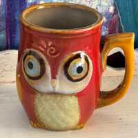 Gibson Owl Mug – Red & Amber Stoneware Coffee Cup, 4" Tall Big-Eyes Owl, Cute Animal 