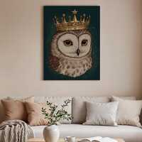 Royal Owl Framed Canvas Wall Art, Wise Animal Portrait with Crown, Majestic Bird Illustration, Elega