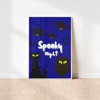 Spooky Night Halloween Print | Cat Owl Spiders Illustration | Halloween Wall Art | Spooky Digital De
